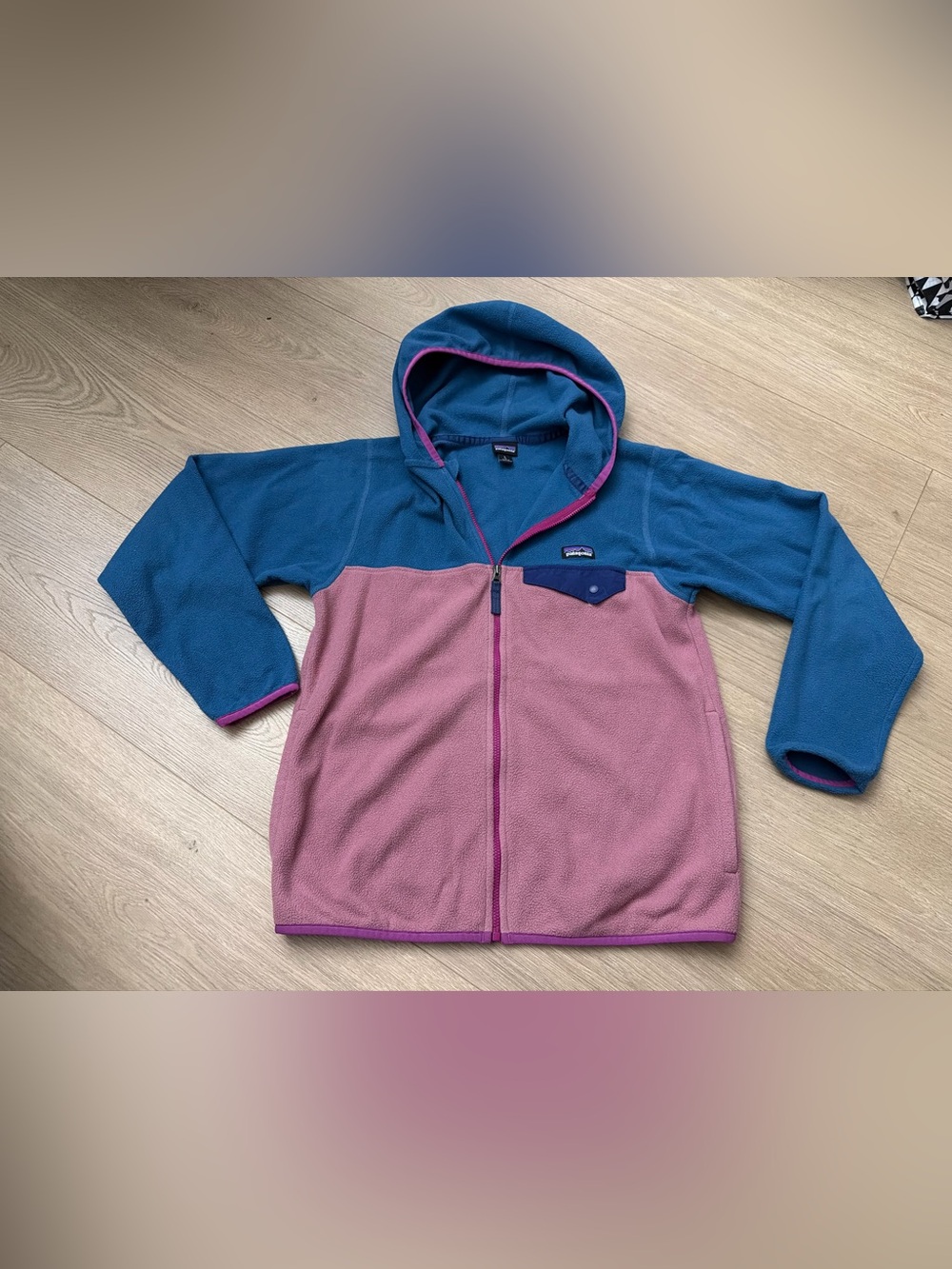 Patagonia Kids Micro D Snap T Two-Tone Pink & Blue Fleece Hoodie Large 12